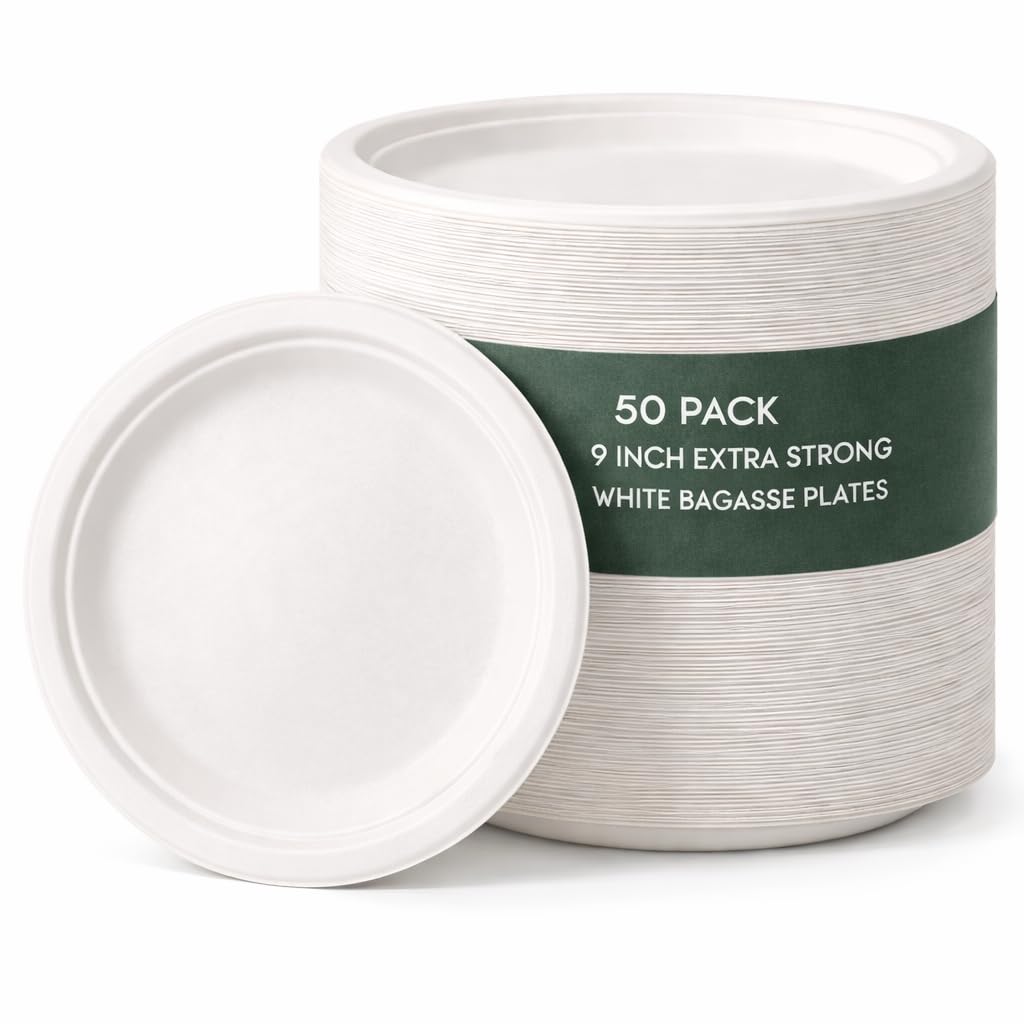 1ABOVE 50 Pack Extra Strong White Disposable Bagasse Plates, 100% Compostable and Biodegradable, Made from Sugarcane Fibre, Perfect for BBQ, Wedding, Office, Picnics and Parties (9 INCH)