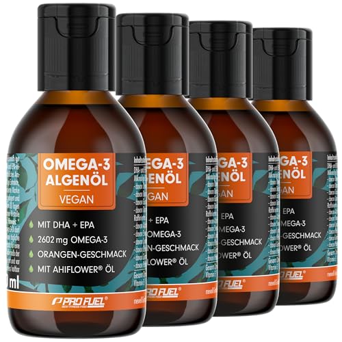Omega-3 Algenöl 400 ml - hochdosiert mit 3665 mg Algenöl, davon 1203 mg DHA & 667 mg EPA - veganes Omega-3 Öl + Ahiflower® Öl mit angenehmem Orangen-G