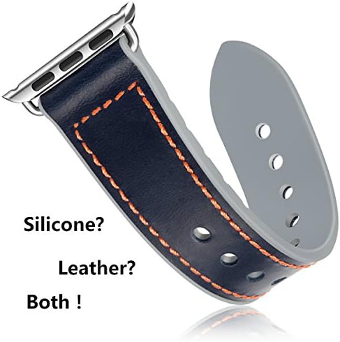 Silicone&amp;Genuine Leather Watch Band for Apple | Bands for iWatch/Apple Watch Band | 38&amp;42 mm Sport Wristbands with Metal Clasp | For Apple Watch Series 1/Series 2/Series 3/Nike+/Edition/Hermes