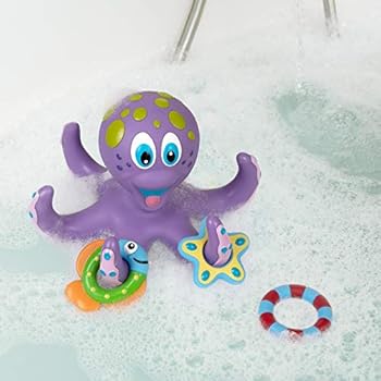 nuby floating purple octopus with 3 hoopla rings interactive bath toy