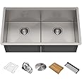 KRAUS KWU112-33 Kore Workstation 33-inch Undermount 16 Gauge Double Bowl Stainless Steel Kitchen Sink with Integrated Ledge a