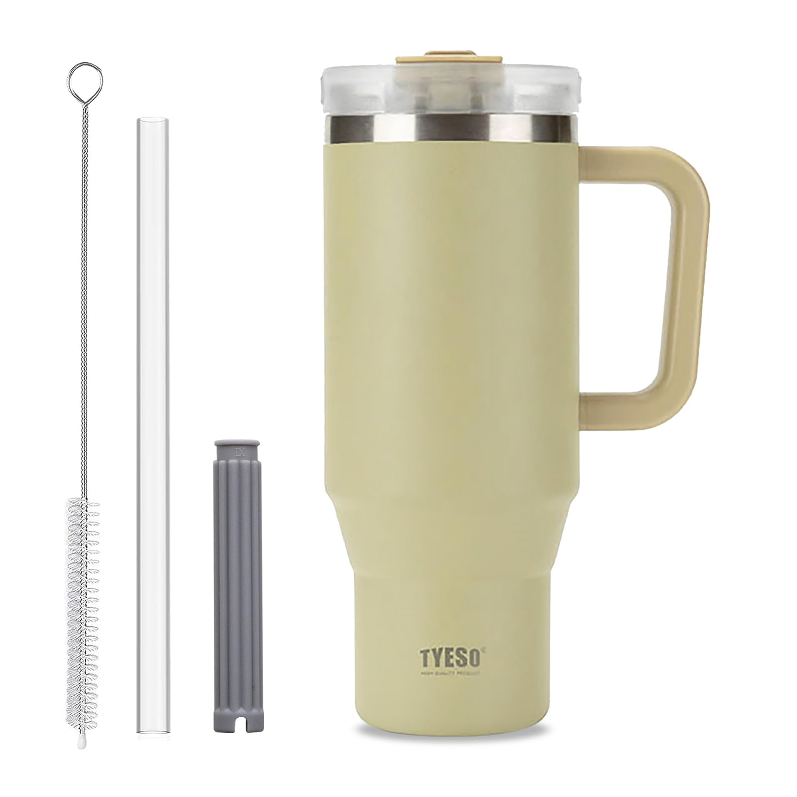 Coffee Cup Travel Mug with Handle, 40oz Tumbler with Lockable Lid, Stainless Steel Vacuum Insulated Water Bottle with Straw, Leakproof & Portable Travel Cup for Hot and Cold Drinks (Light Khaki)