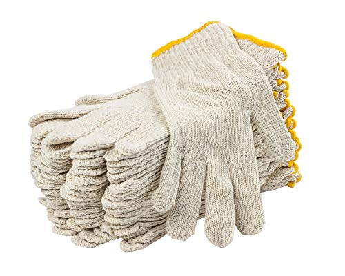 12 Pack Beige String Knit Gloves 10". Washable Glove with Elastic Knit Wrist. Cotton Polyester Gloves. Plain Seamless Workwear Gloves. Protective Industrial Work Gloves for Men. Wholesale price.
