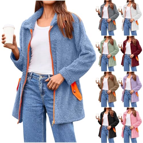 Womens Fleece Jackets Warm Fluffy Oversized Coats Long Sleeve Notched Lapel Sweatshirts Longline Full Zip Coat Ladies Soft Casual Jacket without Hood