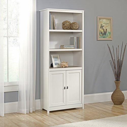 Wood Storage Library with Bookshelves and 2 Doors, Open and Enclosed Space, 3 Adjustable Shelves, Save Space, Cottage Style, Ideal for Home office, Living Room, Bedroom, White Color + Expert Guide