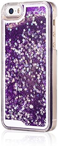 Glitter Case for iPhone SE/5/5S,Turpro Hard Transparent Clear Creative Funny 3D Quicksand Liquid Sparkles Glitter Bling Case with Stars for iPhone SE, iPhone 5, iPhone 5S(Purple)