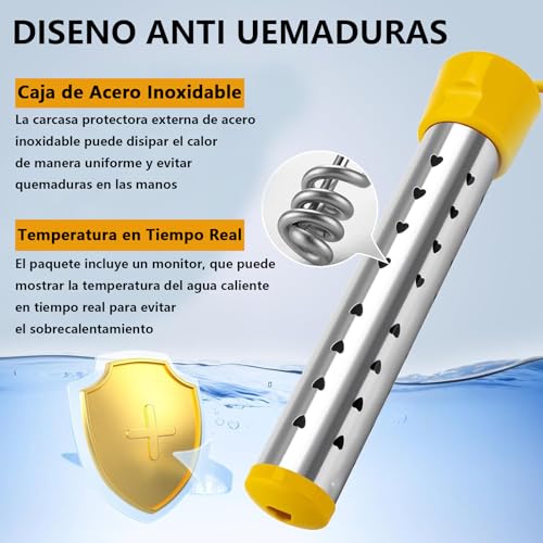 Calentador de Agua de Inmersión 1500W, Calentador de Agua Eléctrico Portátil, Resistencia para Calentar Agua Cubeta, con Acero Inoxidable 304, Termómetro LCD, Cepillo de Limpieza, Calentamiento Rápido