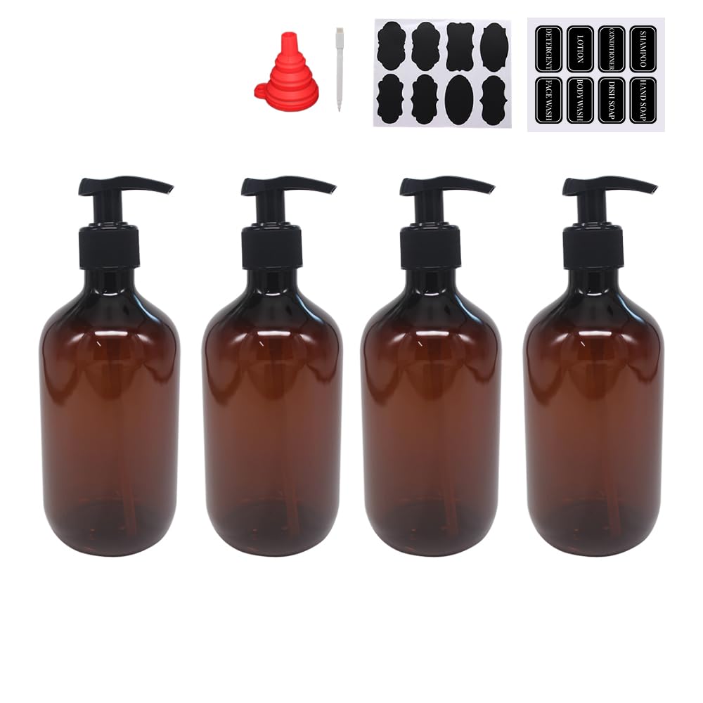 Photo 1 of zmybcpack 4 Pack 16 OZ Empty Plastic Pump Lotion Bottles with 1 Pen, Labels & Silicone Funnel, Amber Color Lotion Dispenser With Locking Pump for Body Wash, Shampoo, Massage Lotion, Gel