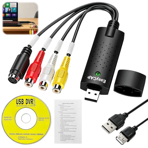VHS to Digital RCA Converter Video and Audio Capturadora USB Converter for VHS VCR TV DVD Analog zu Digital Video Konverter for Windows 11 10 8 7 Mac XP Vista Black