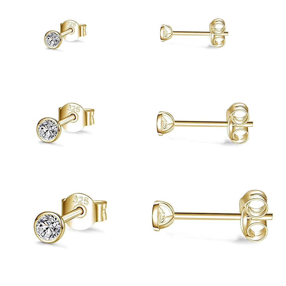 Gulicx 3 Pairs 925 Silver 14K Gold Stud Earrings Set for Women Girls, Hypoallergenic Stering Silver Round Cubic Zirconia Simulated Diamond Stud Earrings, Small Sleeper Cartilage Studs,Size:2,3,4mm — image 1