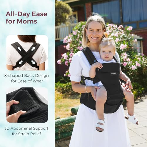 Momcozy Baby Carrier with Hip Seat, 2-in-1 Forward-Facing Hands-Free Infant Carrier for Active Babies, Detachable All-Season Toddler Carrier up to 44lbs, Fits Waist Sizes up to 45 Inches, Black Adjustable,Black
