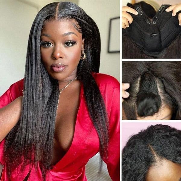 CLASSINE V Part Wig Human Hair Kinky Straight 180 Density Upgrade U Part Wigs for Black Women, No Leave Out, Glueless Clip in Half Wig, Yaki Straight, V Shape, 26 INch