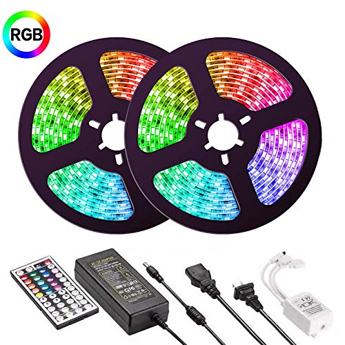 LED Strip Lights,FASHURN Waterproof 10m(2x5m,32.8ft) LED Light Strip SMD 5050 300 LEDs,RGB Color Changing,44 Keys IR Remote Controller for Home,Kitchen,Party,Christams,DC 12V 5A