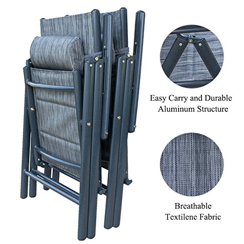 PatioPost Outdoor Adjustable Folding Recliner Aluminum Patio Sling Chairs with 7 Stalls, Set of 2 - Grey