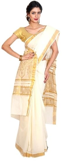 CREAM COTTON KERALA KASAVU SAREE WITH PALLU WORK AND BLOUSE