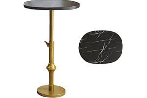 WHGBJA Marble Drink Table, 10"x12"x(22“~30") Martini Table with Metal Antique Brass Adjustable Stand Base, Drink Tables for Small Spaces, Living Room, Bedroom, Or Office (Black)