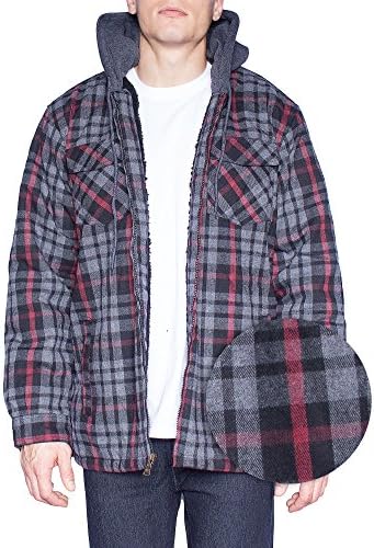 Mens Flannel Jacket Zip Up Fleece Hoodie Big &amp; Tall Sherpa Heavy Lined Shirt (Medium,Charcoal / Black / Burgundy)