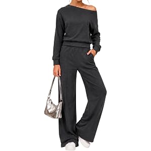 Kxuryueo Teen Girls Off Shoulder Sweatsuit Long Sleeve Shirt & Wide Leg Sweatpants Pant Set 2 Piece Fall Clothes Size 7-16