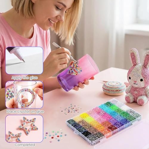 Resin Jelly Rhinestones Kit for Bedazzling - 32,000pcs 3mm DIY Bulk Resin Gems Set with 3 Glues, Pickup Pen & Tweezers for Crafting, Nail Art, Tumblers, Shoes and Clothing Embellishments (24)