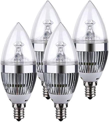 BOVSUN LED Candelabra Bulb, Candle Light, Daylight White 6000K,E12 Base,3W (25W Incandescent Equivalent),Torpedo Shape Bulb,Chandelier,Sliver, Not-Dimmable 4 Pack