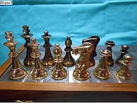M I & Z Handicrafts Brass Metal Staunton Chess Pieces/Coins Set with Folding Wooden Chess Board (Non Magnetic) Special Slots Storage Inside Board-Best for Gifting, Home Decor & Playing.