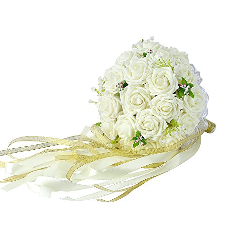 Febou Wedding Bridal Bouquet, Wedding Bride Bouquet, Wedding Holding Bouquet with Artificial Roses Lace Pearl Ribbon, Perfect for Wedding, Church, Party and Home Decor(Long Ribbon,White)