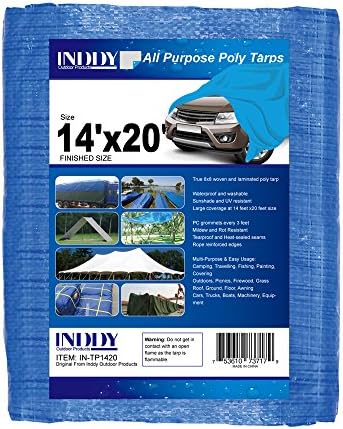 Inddy Tarps 14 x 20 Feet Blue Canvas Tarp Waterproof Poly Tarp Cover 5 Mil Thick 8 x 8 Weave Heavy duty tarp for camping shelter tent car boat truck cover sunshade and UV Resistant