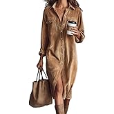 Womens Corduroy Button Down Shirt Dress Lapel Long Sleeve Solid Color Casual Loose Midi Fall Spring Dresses