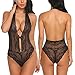 ADOME Women One Piece Lingerie Lace Teddy V Neck Bodysuits Halter Babydoll, Style 1-black, Large