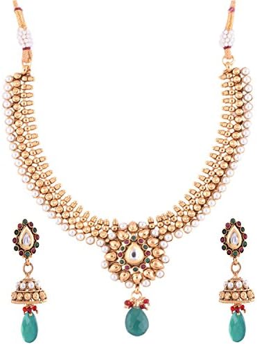 Ganapathy Gems 1 Gram Gold Plated With Green Stones Traditional South Indian Necklace Set for Women