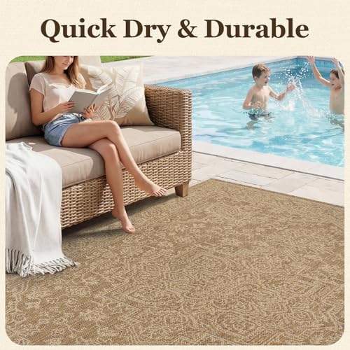 Outdoor Rug-Patio Rug Polypropylene Indoor Outdoor Carpet 7.9x10ft Porch Balcony Carpets Garden Deck Mat Easy Clean Non Slip Light Weight Vintage Outdoor Area Rug Retro Brown