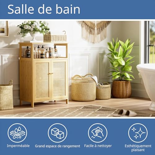 HITNET Rattan Storage Cabinet, Bathroom Cabinet with 2 Doors, Bamboo Free Standing Side Organizer for Living Room, Kitchen, Entryway, Natural