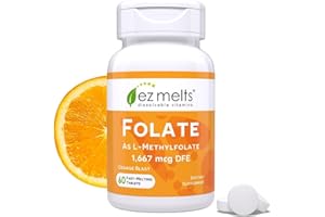 EZ Melts Dissolvable Folate 1,667 mcg DFE - Methylated Folate Supplement - Heart Health & Healthy Fetal Development - Non-GMO, Vegan & Dairy-Free - Orange Blast -60 Dissolvable Tablets (60 Servings)