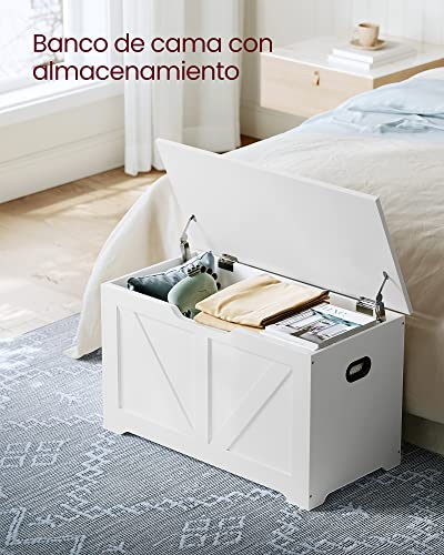 VASAGLE Storage Pouffe, Storage Bench with 2 Safety Hinges, Storage Chest, Shoe Bench, Country Style, 40 x 80 x 46 cm, for Hallway Bedroom Living Room, Cloud White LSB062T14
