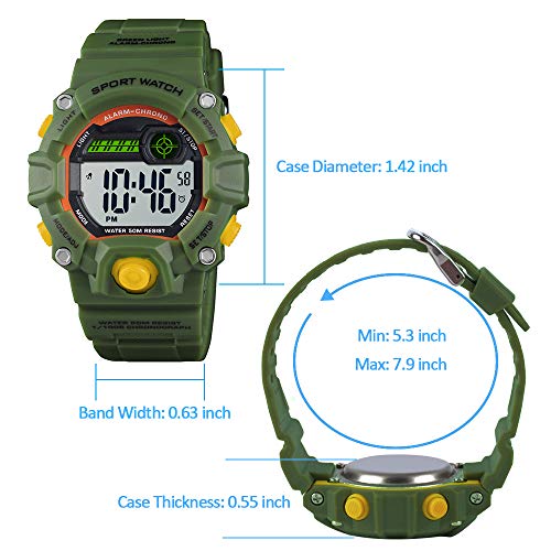 Venhoo Kids Digital Watches Outdoor Sport Waterproof Electronic LED Alarm Stopwatch Wrist Watch for Kids Boys Girls-Army Green - Thumbnail 5