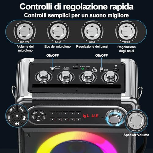 JYX Karaoke with 2 Microphone, 6.5 Inch Portable System, 80 W Bluetooth 5.3 Speaker, Treble/Bass Controls and LED Light, TWS Compatible, USB/TF/FM Radio, Recording Function, Black