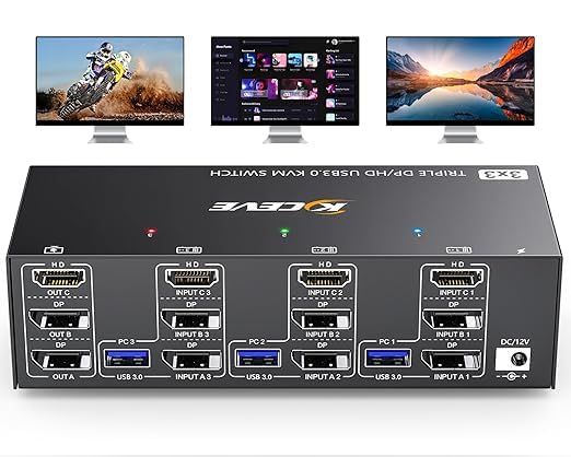 KVM Switch 3 PC 3 Monitore 8K@60Hz,MLEEDA HDMI Displayport KVM Switch Triple Monitor für 3 PC Teilen 3 Monitors und 4 USB3.0-Geräte, mit 12V DC Netzteil,Verdrahtet Fernbedienung und 3 USB-Kabel