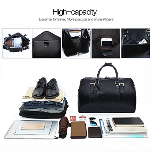 Leathario Mens Genuine Leather Overnight Travel Duffle Weekend Bag (Black-141)