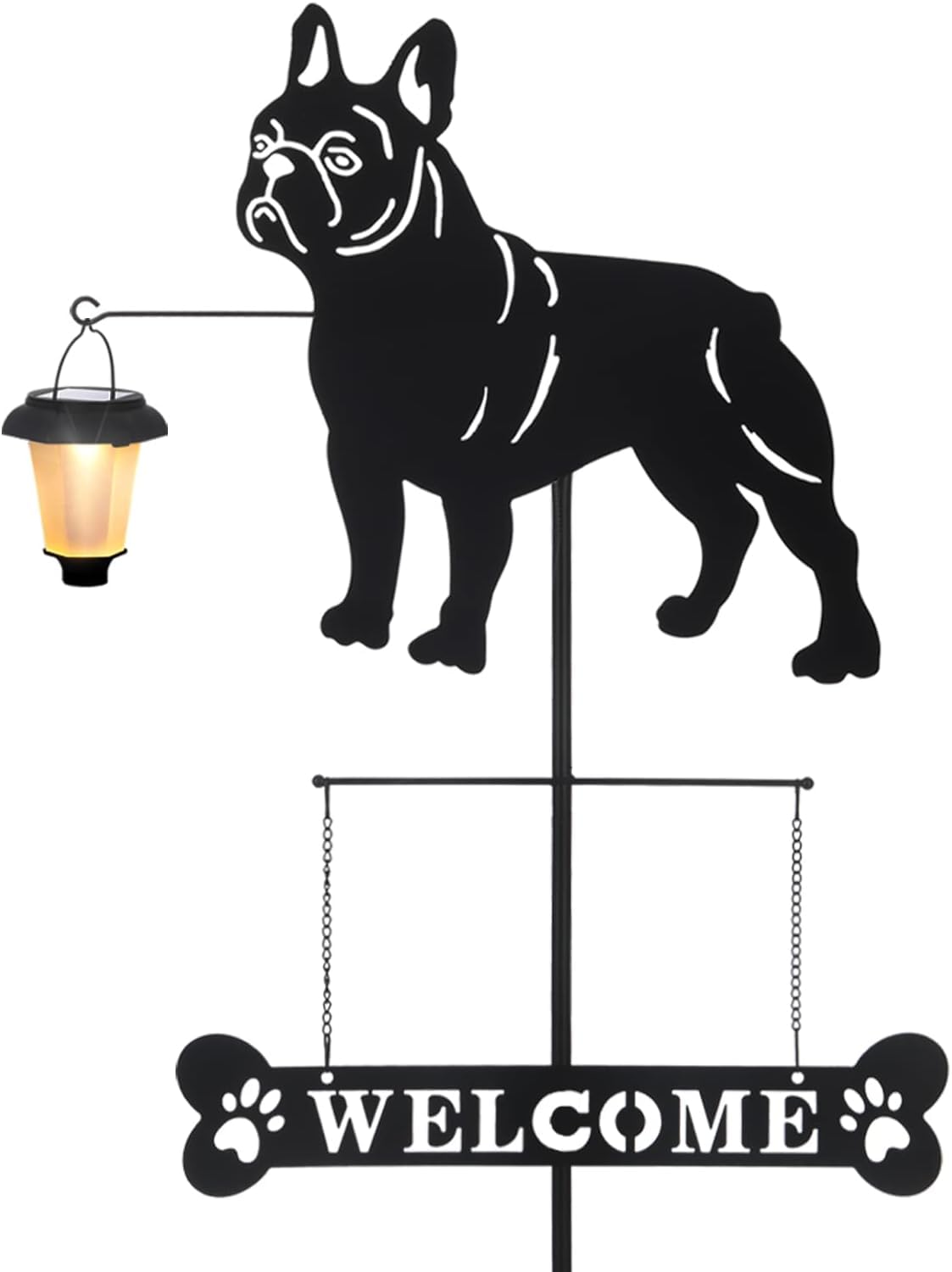 Taylor & Brown Solar French Bulldog Silhouette Dog Breed Welcome Stakes Sign with a Lantern Light Outdoor Decorative Garden Stakes for Yard, Lawn, Patio, Pathway