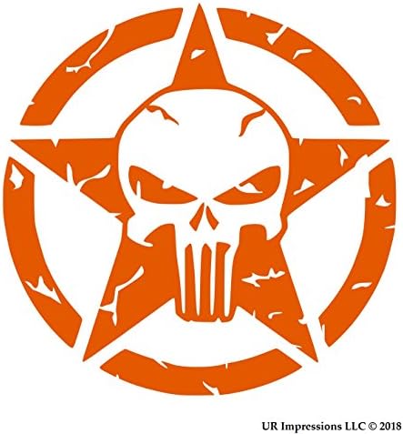 IOrn Oscar Mike Star Punisher Skull Distressed Decal Vinyl Sticker|Cars Trucks SUV Walls Laptop|INTENSE ORANGE|5.5 In|URI604
