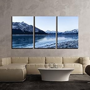 3 Piece Canvas Wall Art - Frozen Lake by The Mountain in Winter - Modern Home Art Stretched and Framed Ready to Hang - 16"x24"x3 Panels