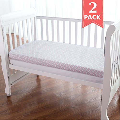 TillYou 100% Combed Cotton Sateen 2 Pack Crib Sheet White & Pink Broken Line