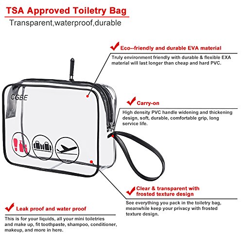 TSA-Approved Clear Travel Toiletry Bag With Handle Strap, CGBE Airline Kit 3-1-1 Clear Liquids Toiletries & Cosmetics Organizer Carry-On Luggage for Women and Men (2 Pack)