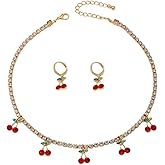 Cute Red Crystal Cherry Earrings Necklace Set for Women Personalized Creative Sweet Fruit Huggies Hoop Earring Pendant Choker Summer Tropical Fruit Green Leaf Unique Chic Charm Aesthetic Jewelry