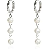 Handmade Sterling Silver Wire Beaded Triple Cultured Freshwater Pearls Huggie Small Hoop Earrings