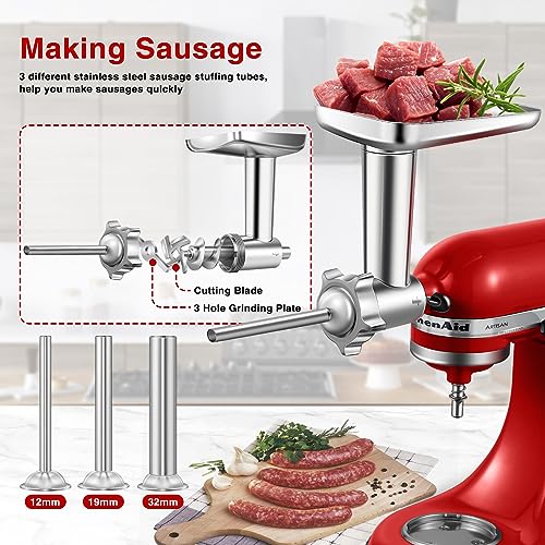 Metal Food Grinder Attachment for KitchenAid Stand Mixer, AMZCHEF Meat Grinder Attachments Included 3 Sausage Stuffer Tubes & Holder, 4 Grinding Plates, 2 Grinding Blades, Burger Press, Cleaning Brush