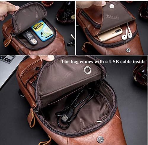 BULLCAPTAIN Sling Bag Crossbody Backpack with USB Charging Port Genuine Leather Hiking Travel Daypack XB-129 (Brown) 6 BULLCAPTAIN Sling Bag Crossbody Backpack with USB Charging Port Genuine Leather Hiking Travel Daypack XB-129 (Brown)
