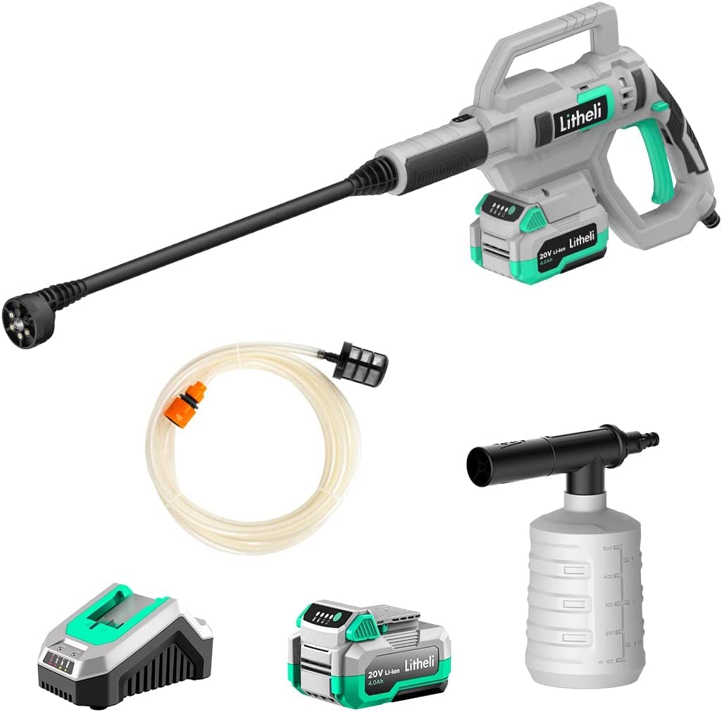 Litheli Cordless Pressure Washer 20V, Portable Power Wahser, 3.2 Lbs Lightweight with Adjustable Nozzle, 320 PSI for Car Boat Wash, 4.0 Ah Battery & 2.4 A Charger Included