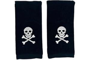 SERAFINA HOME Home Decor Halloween Fingertip Towels: Embroidered Skull and Crossbones Design on Plush Black, 2 Piece Set, 12" x 18" Inch
