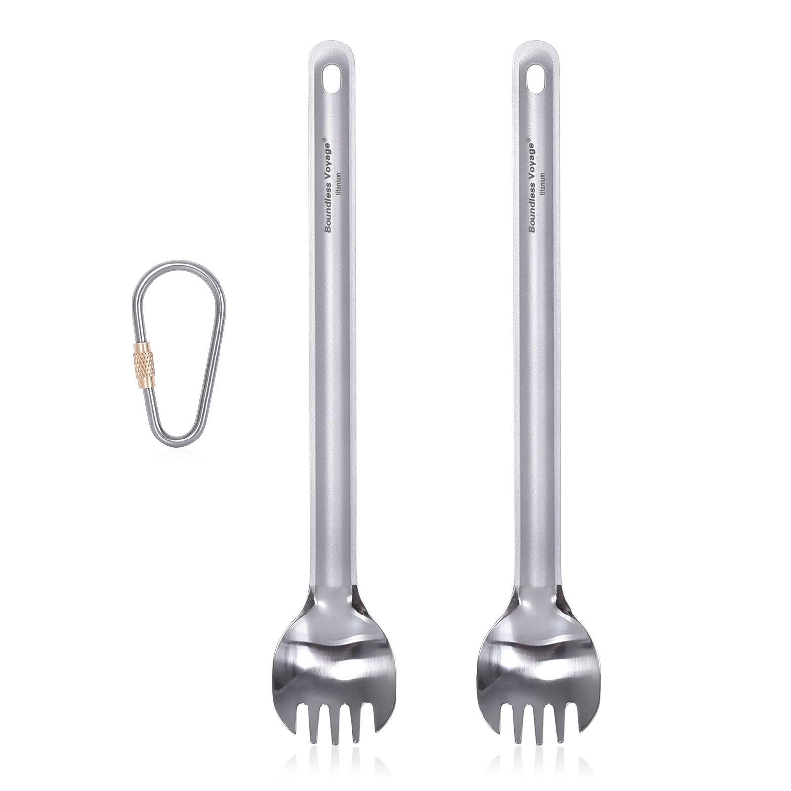 iBasingo Titanium Long Handle Spork Camping Soup Rice Snack Cutlery with Polished Bowl Ultralight Cutlery Outdoor Picnic Flatware Portable Travel Tableware Cooking Utensils with Hook 2 Pieces Ti1032T